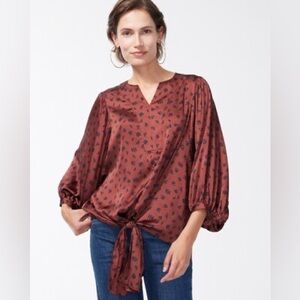 CHICOS Satin Tie-Front Blouse in Dot Print, Like New